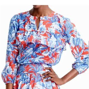 J. Crew Ratti Rio Popover Blouse blue and red floral size Med